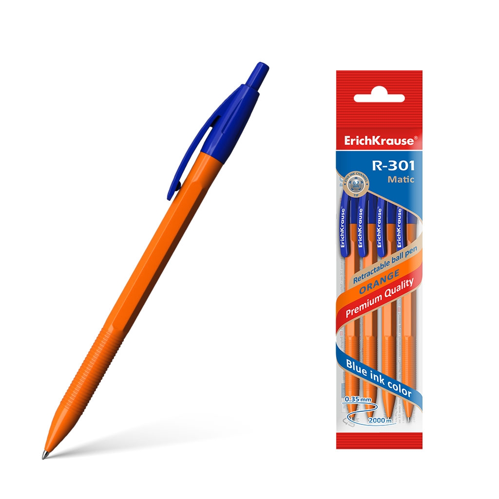 

Набор ручек шариковых ErichKrause R-301 Orange Matic 46760, синие, 0,7 мм, 4 шт., R-301 Matic