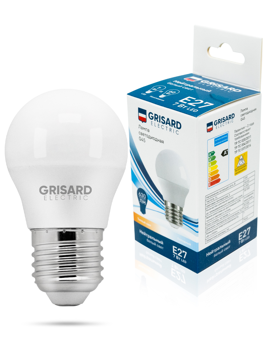 фото Лампа светодиодная grisard electric шар g45 e27 7вт 4000к 220в