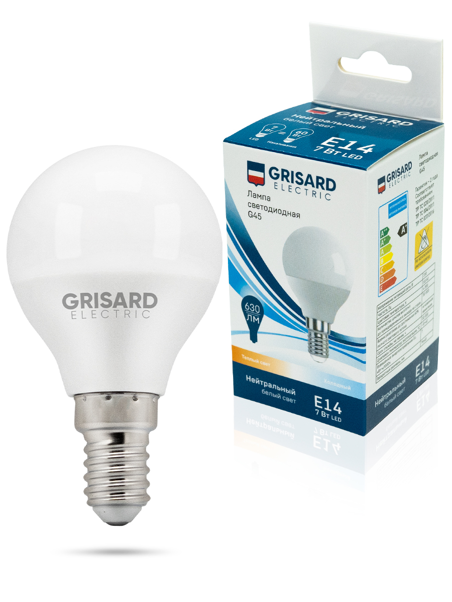 фото Лампа светодиодная grisard electric шар g45 e14 7вт 4000к 220в 1 штука/уп