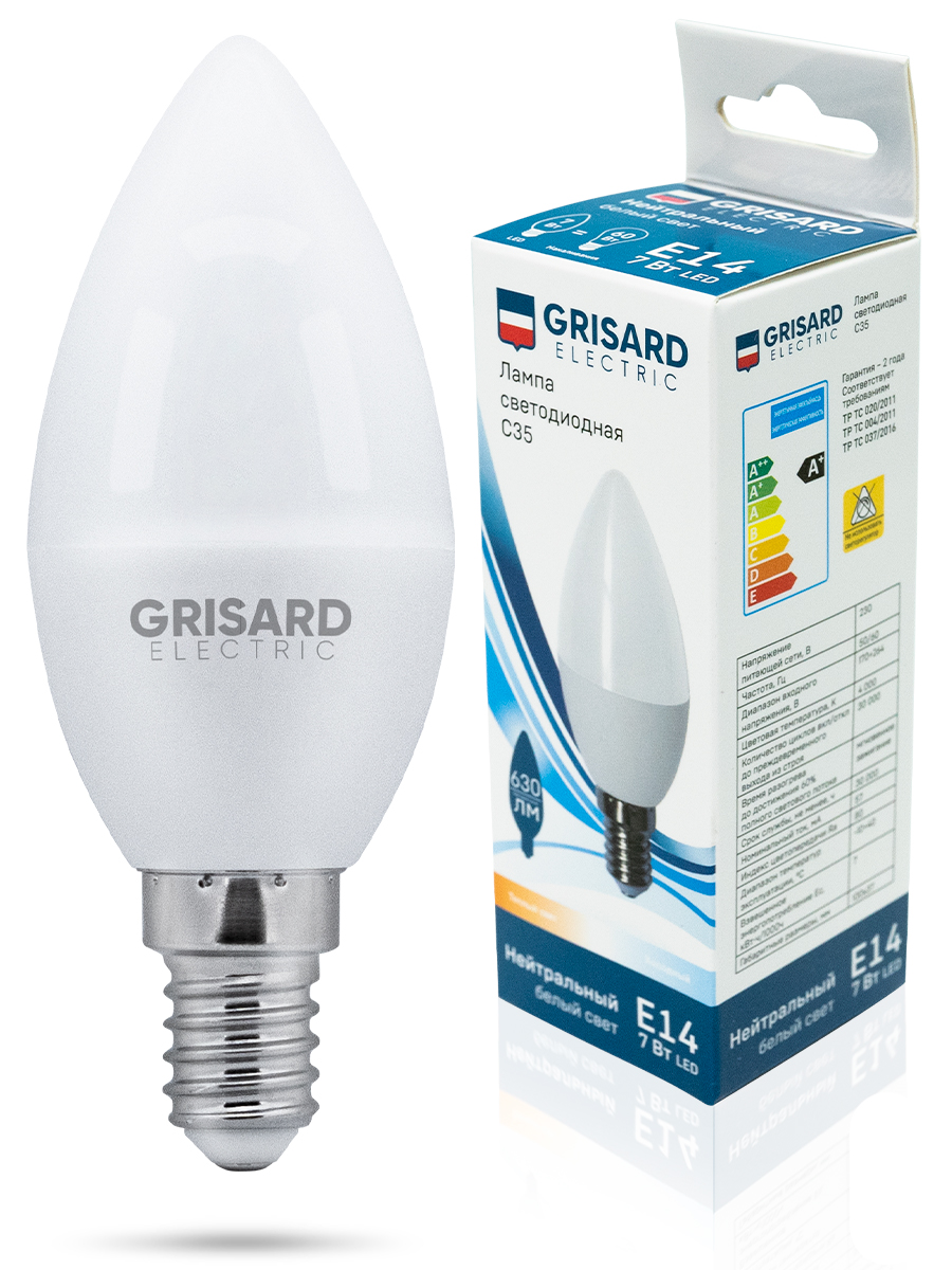 фото Лампа светодиодная grisard electric свеча c35 е14 7вт 3000к 220в 1 штука/уп