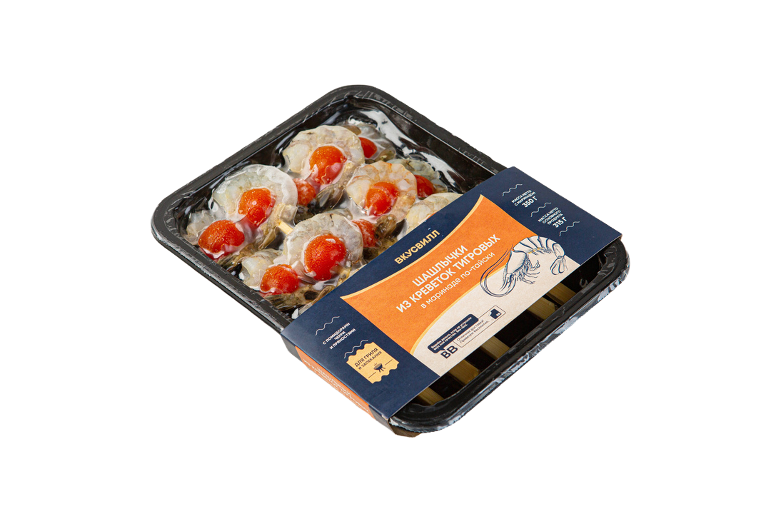 

Шашлычки из креветок ВкусВилл По-Тайски тигровые в маринаде 350 г