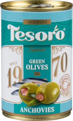 

Оливки Tesoro крупные зеленые фаршированные анчоусом 300 г