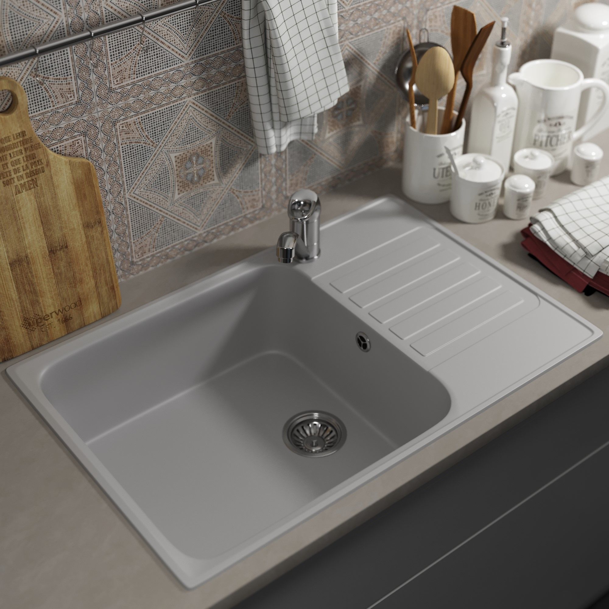 

Кухонная мойка из искусственного камня Uperwood UPD-400, прямоугольная, цвет дым, Серый, UPD-400