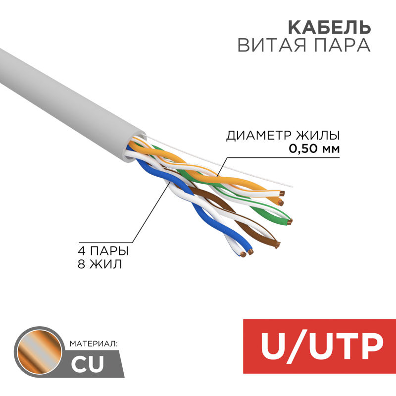 Кабель UTP REXANT 4PR 24AWG, CU (медь), CAT5e, 100 МГц, PVC, серый, бухта 100 м