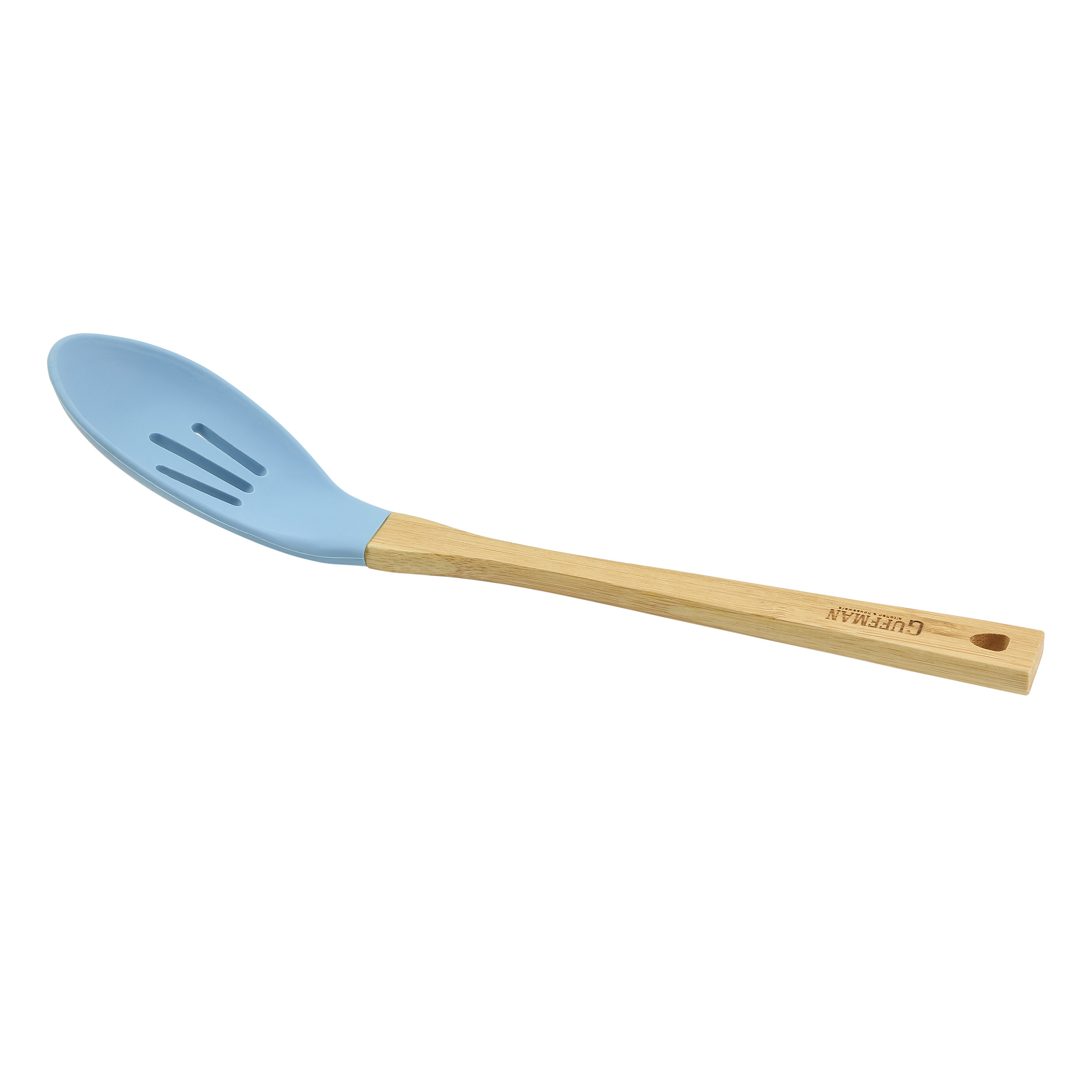 фото Силиконовая голубая ложка с прорезями с бамбуковой ручкой guffman