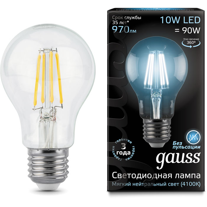 фото Упаковка светодиодных ламп gauss black filament led a60 e27 10w 4100k 102802210 x10