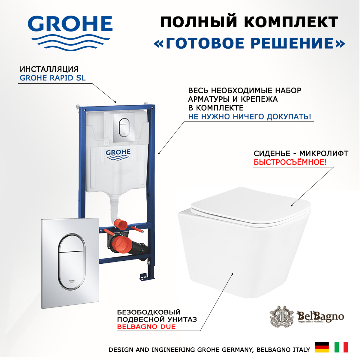 

Комплект: инсталляция Grohe Solido + унитаз Due + кнопка хром