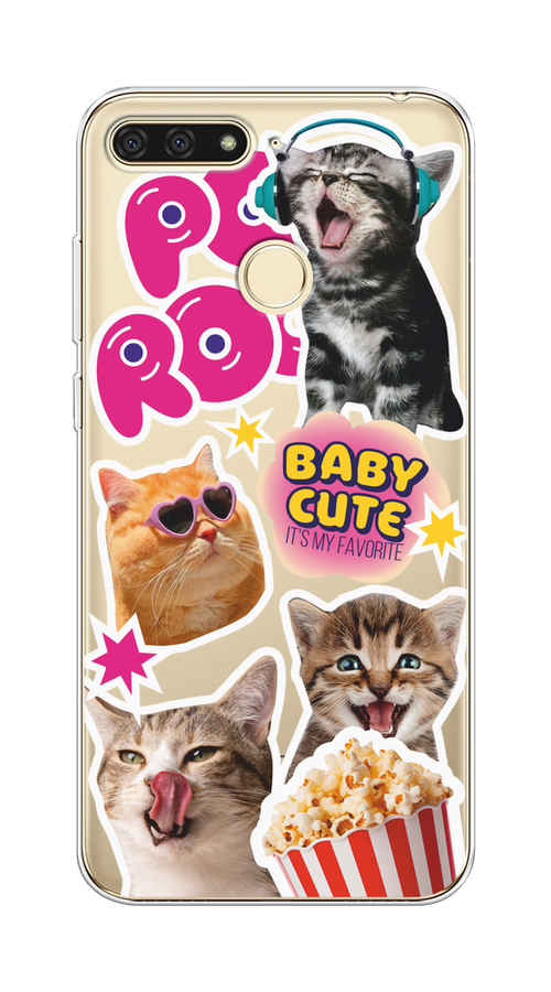 

Чехол на Honor 7C/7A Pro/Huawei Y6 Prime 2018 "Popcorn cats", Серый;коричневый;розовый, 65450-1