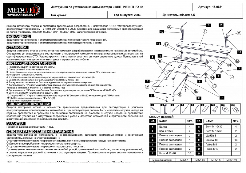 

Защита картера и КПП Sheriff для Инфинити ФХ 45 2003-2008, №2, сталь 2мм 15.0651