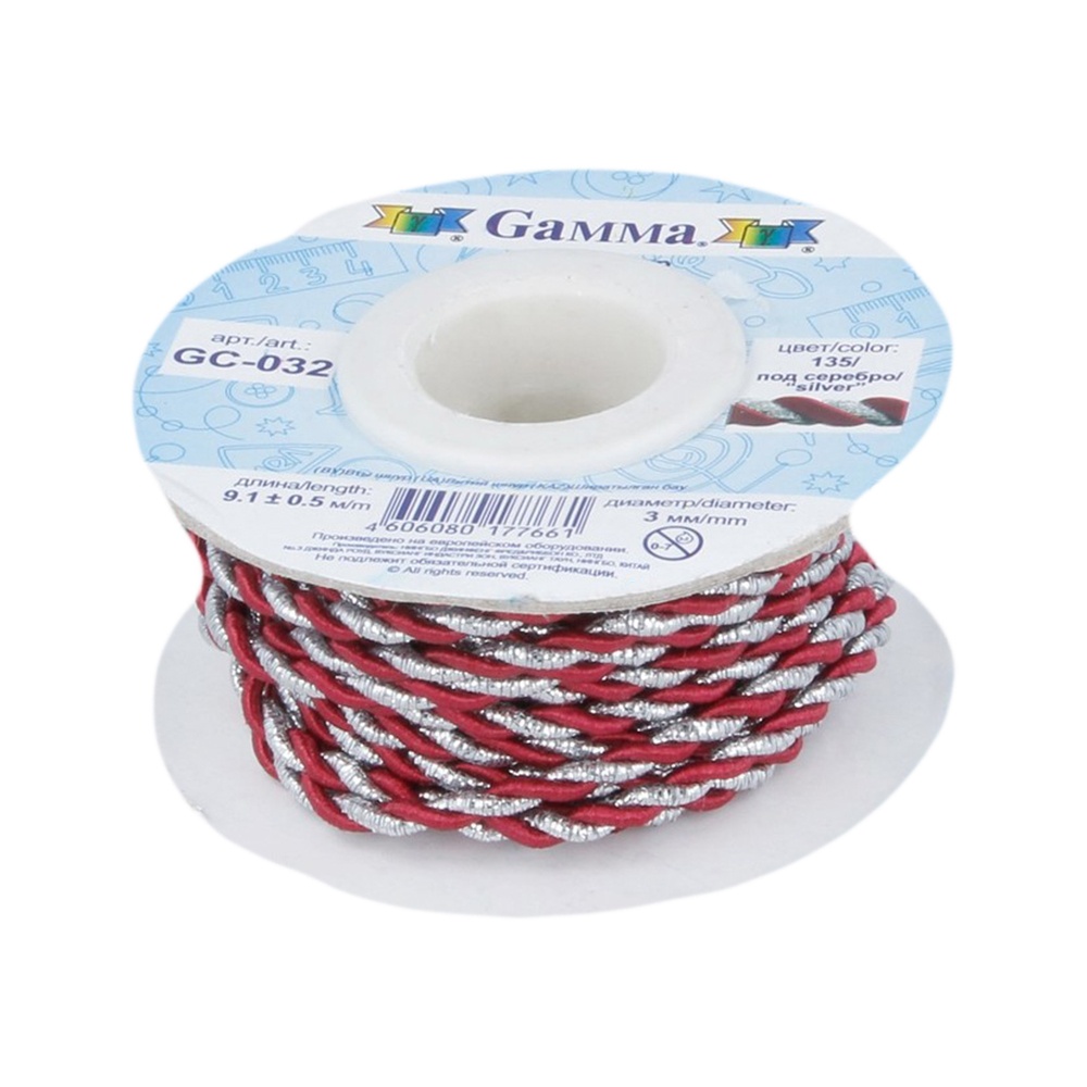 

Gamma 3 мм, витой, 9,1+/-0,5 м, №135, серебро, бордо, Бордовый
