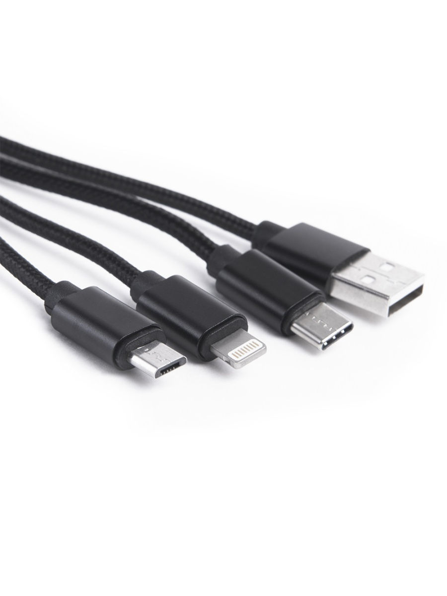 Дата-кабель ATOM USB 2.0 - USB Type-C/USB Micro/Lightning 0,2 м, черный