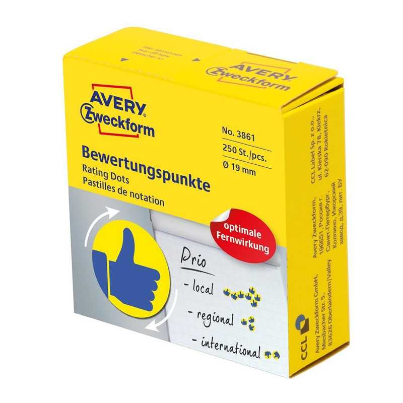 

Этикетки-точки Avery Zweckform. Большоц палец , 19 мм, 250 штук, желто-синий