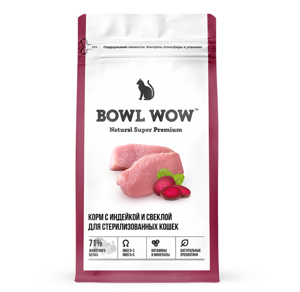 Сухой корм для взрослых кошек BOWL WOW с индейкой и свеклой, для стерилизованных, 4 кг