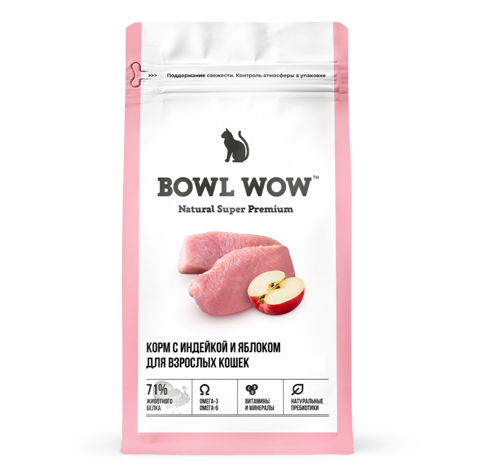 Сухой корм для взрослых кошек BOWL WOW с индейкой и яблоком, 4 кг