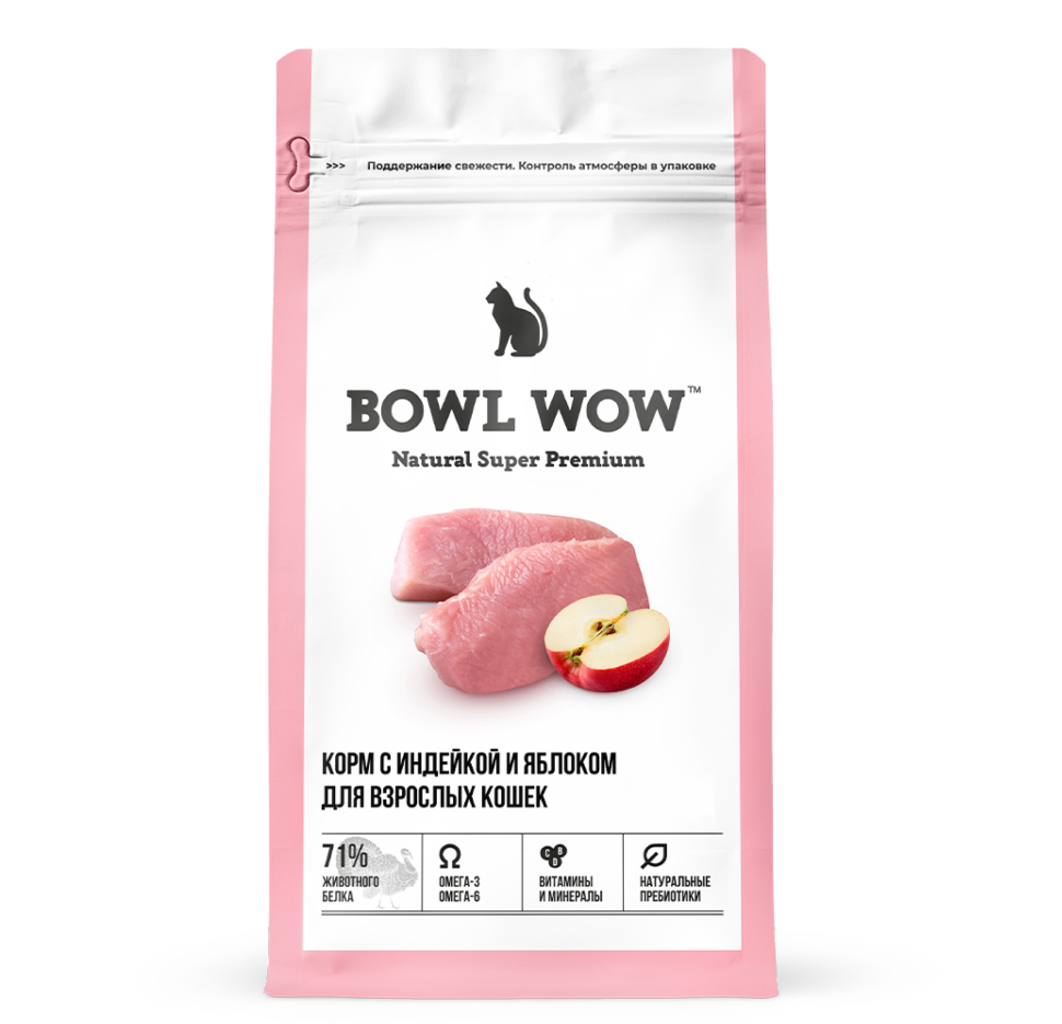 Сухой корм для взрослых кошек BOWL WOW с индейкой и яблоком 4 кг 4127₽