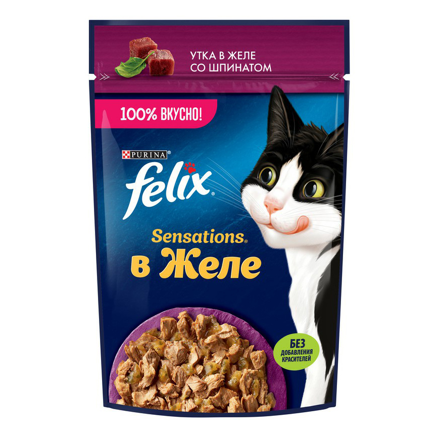 фото Влажный корм для кошек felix sensations с уткой и шпинатом в желе, 75 г