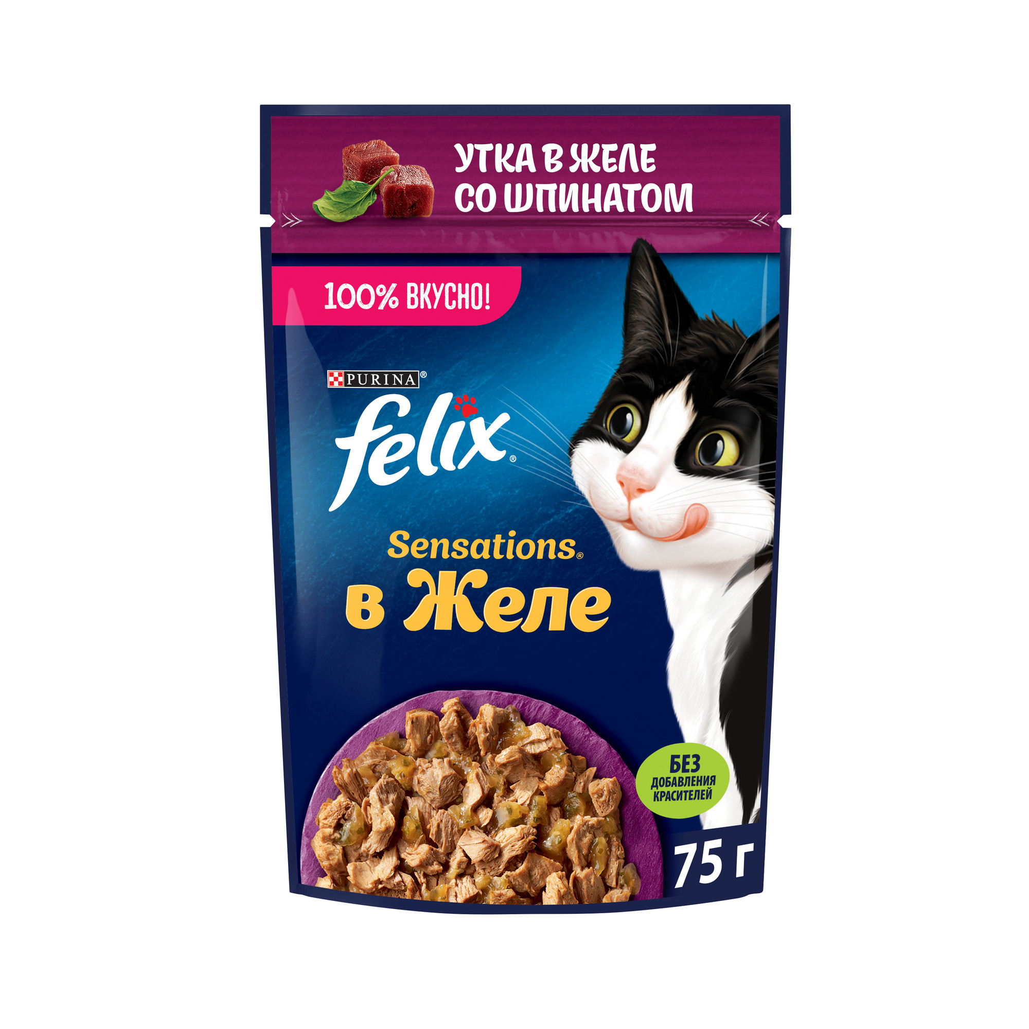 

Влажный корм для кошек Felix Sensations с уткой и шпинатом в желе, 75 г, Sensations