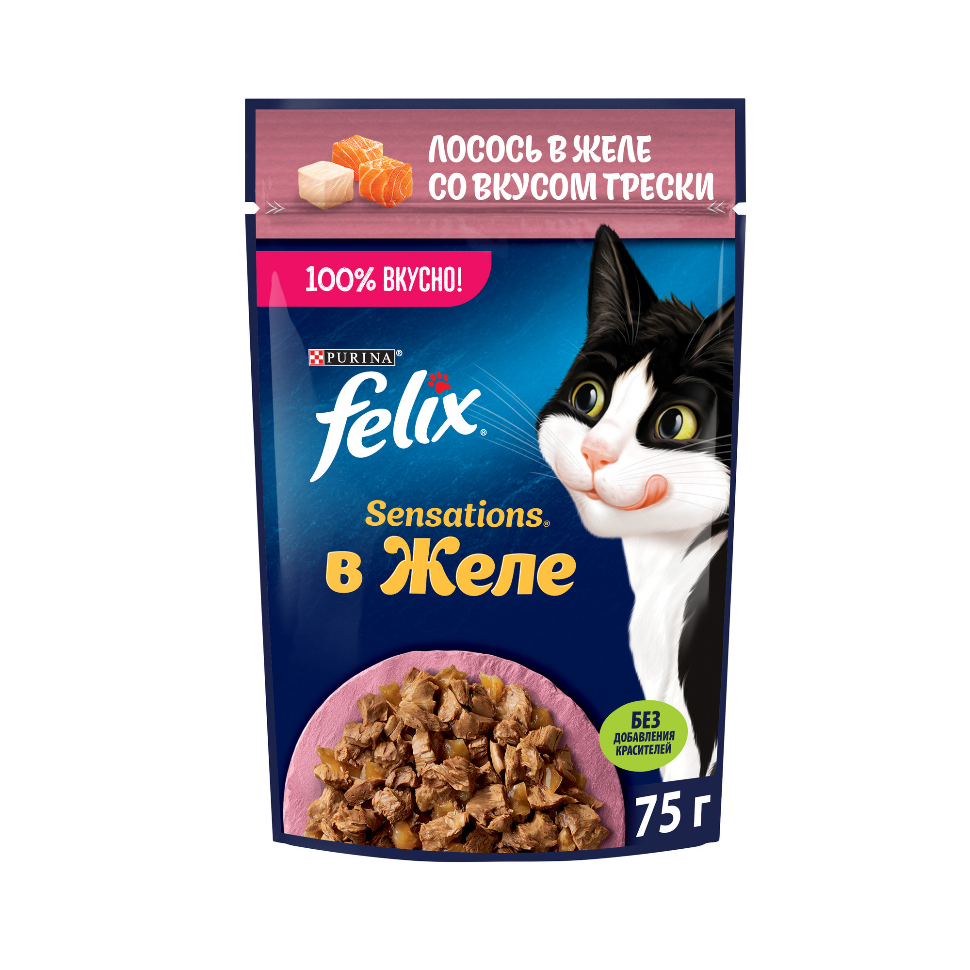 

Влажный корм для кошек Felix Sensations с лососем и треской в желе, 75 г, Sensations