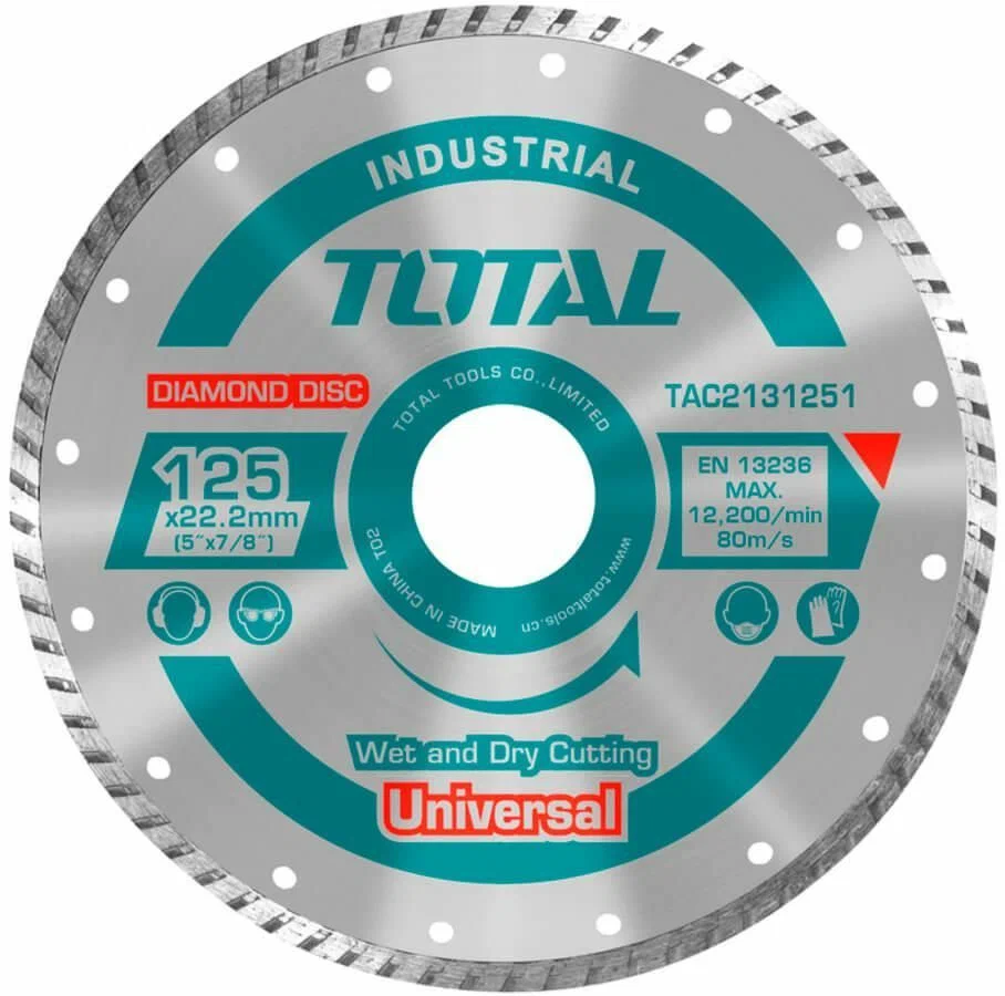 

Диск алмазный Total Tools диаметром 125 мм посадочный диаметр 22.2 мм турбо, TAC2131251