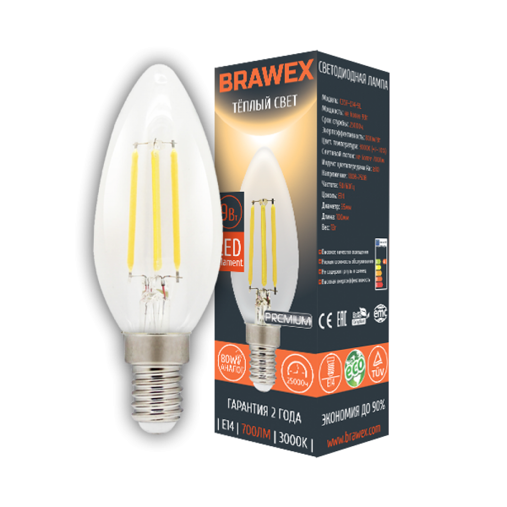 

Упаковка светодиодных ламп Brawex LED Filament Candle 9W 3000K E14 C35F-E14-9L 10шт