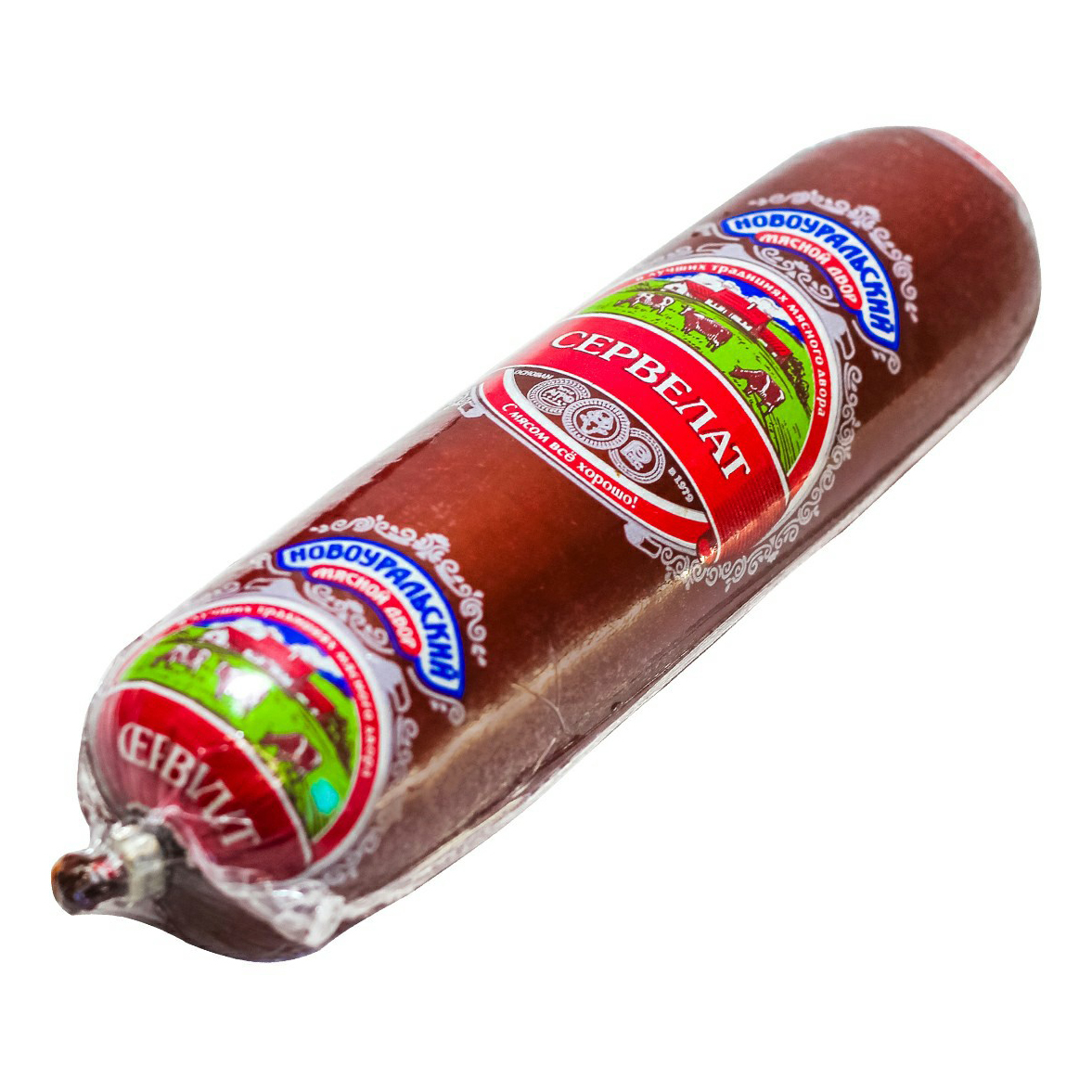 

Колбаса варено-копченая Новоуральский мясной двор Сервелат +-500 г