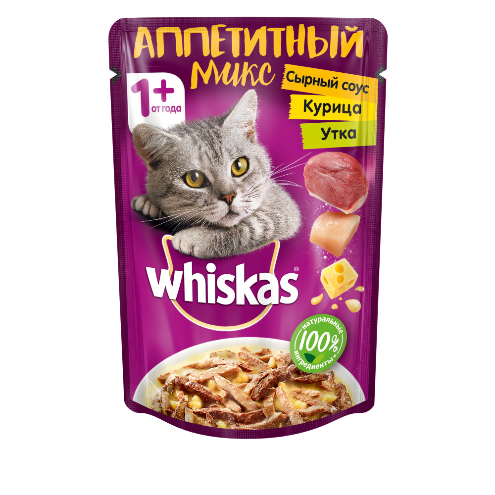 фото Влажный корм для кошек whiskas аппетитный микс, утка, печень, 75г