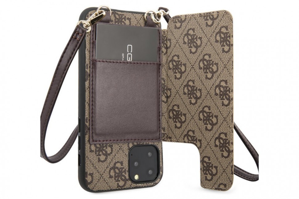 фото Чехол guess 4g crossbody cardslots magnetic hard с ремешком iphone 11 pro, коричневый cg mobile