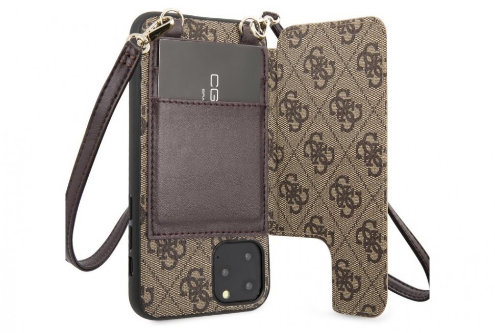 фото Чехол guess 4g crossbody cardslots magnetic hard с ремешком iphone 11 pro max, коричневый cg mobile