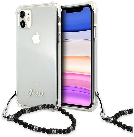 фото Чехол guess script hard transp + pearl strap для iphone 11 прозрачный/черный ремень cg mobile