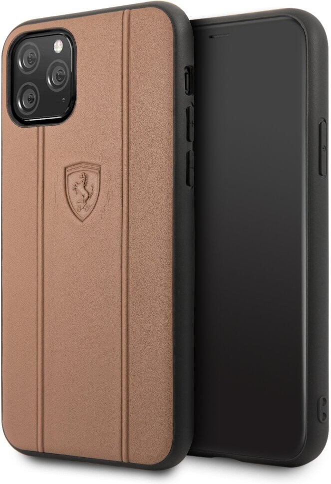 фото Чехол ferrari stamped logo embossed lines hard leather iphone 11 pro, коричневый cg mobile