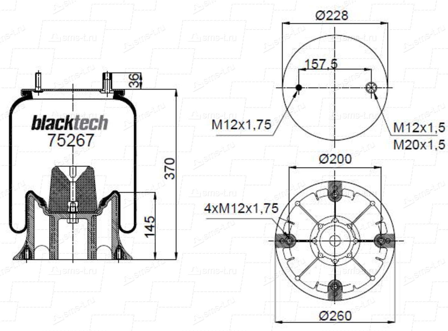 Пневморессора со сталь стаканом Fruehauf RML75267C9 (Blacktech)