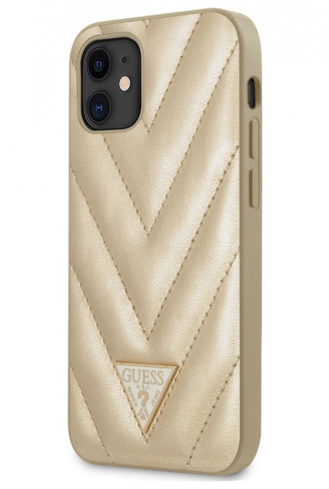 фото Чехол guess pu quilted v triangle metal logo hard iphone 12 mini, золотой cg mobile