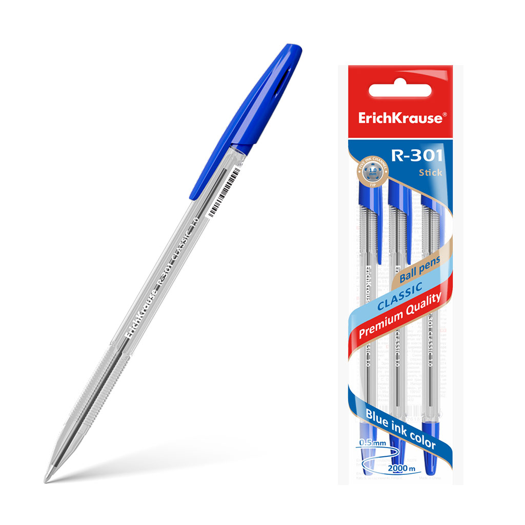 

Набор ручек шариковых ErichKrause R-301 Classic Stick 42618, синие, 1 мм, 3 шт., R-301 Stick