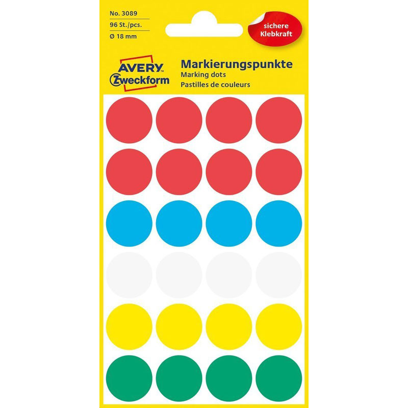 Этикетки-точки Avery Zweckform , 18 мм, 96 штук, разноцветные