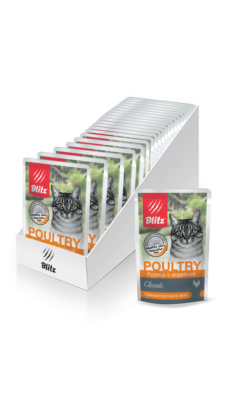

Влажный корм для кошек Blitz Classic Poultry курица с индейкой, 24 шт по 85 г