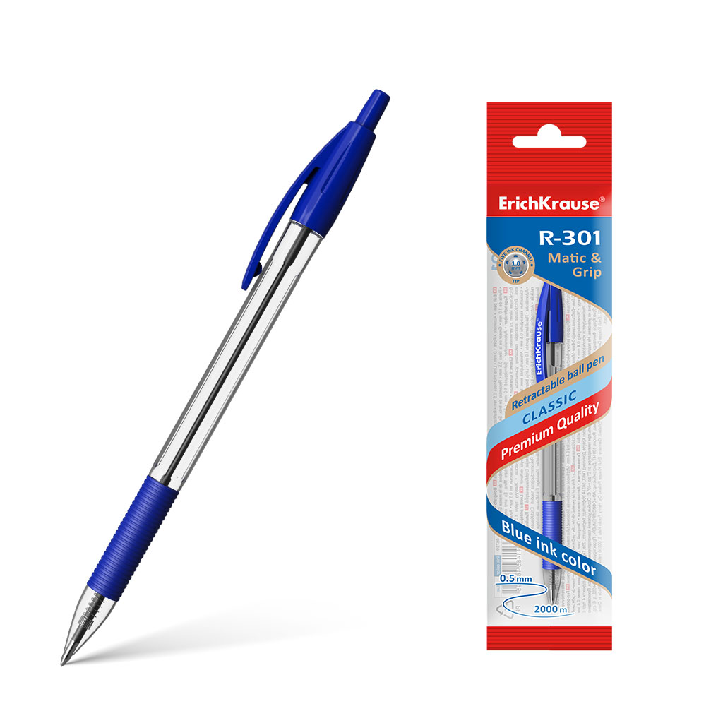 

Ручка шариковая ErichKrause R-301 Classic Matic & Grip 46759, синяя, 1 мм, 1 шт., R-301 Matic&Grip