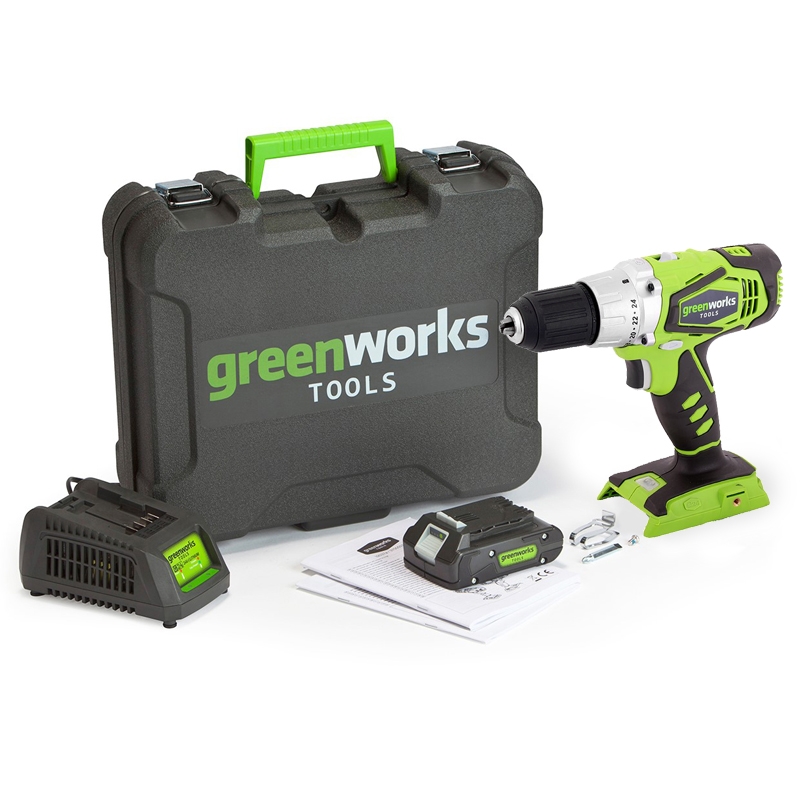 Акк. безударная дрель-шуруповерт Greenworks G24DDK2, 24V