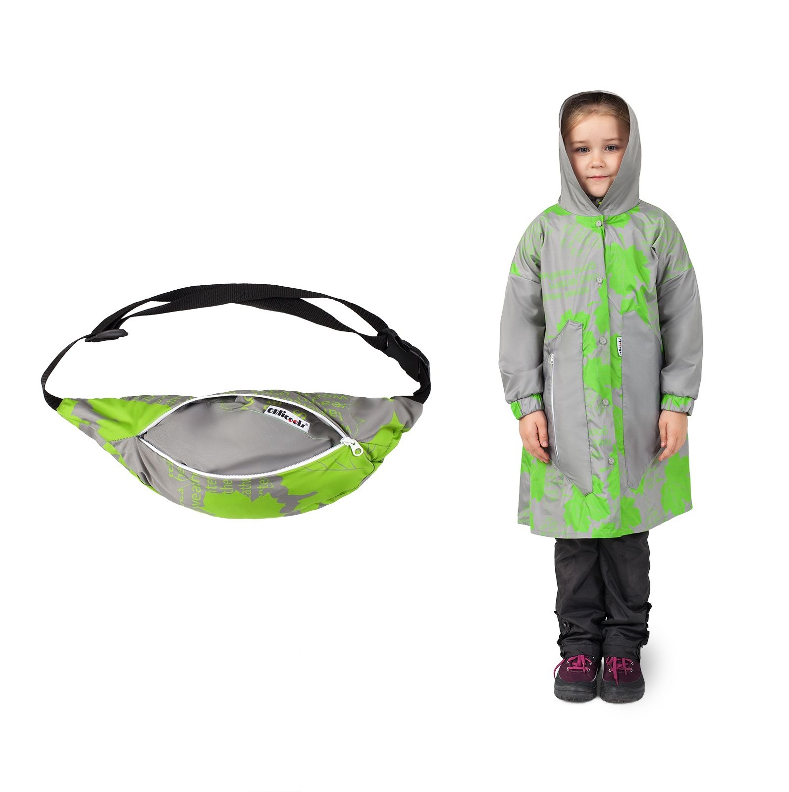 фото Дождевик детский трансформер - поясная сумка gray maple leaf (серо-зеленый), р.122 oblicools