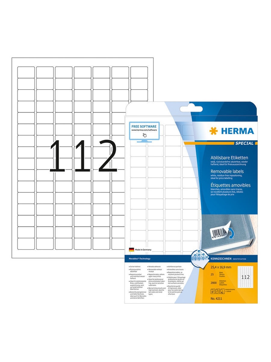 Самоклеящиеся этикетки HERMA Removable 4211 бумажные 25,4*16,9мм, 25 листов (2800эт)