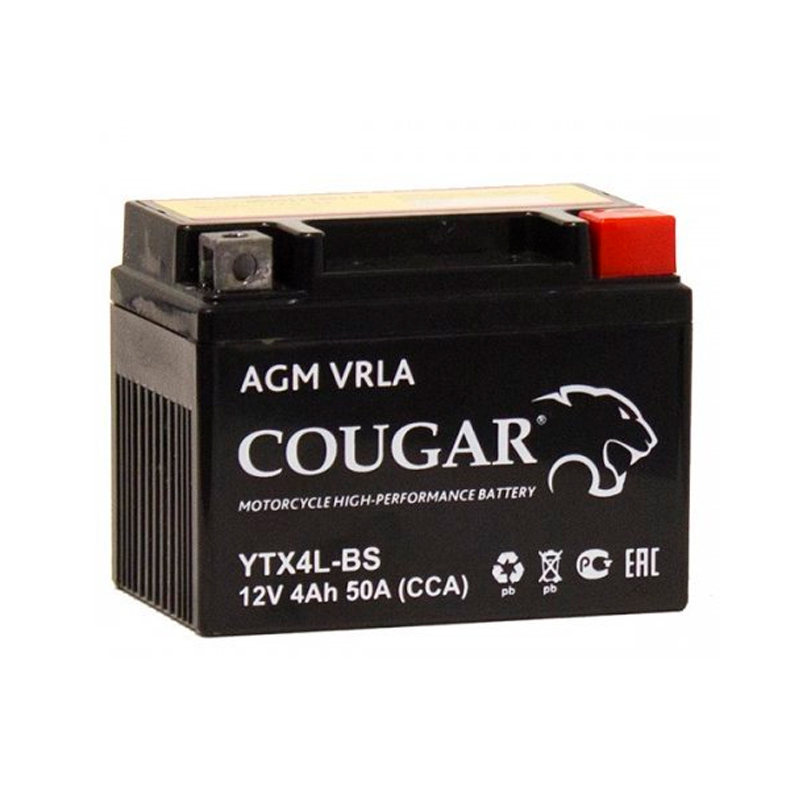 Аккумулятор мотоциклетный Cougar AGM YTX4L-BS 12V 4Ah(залит и готов к применению)