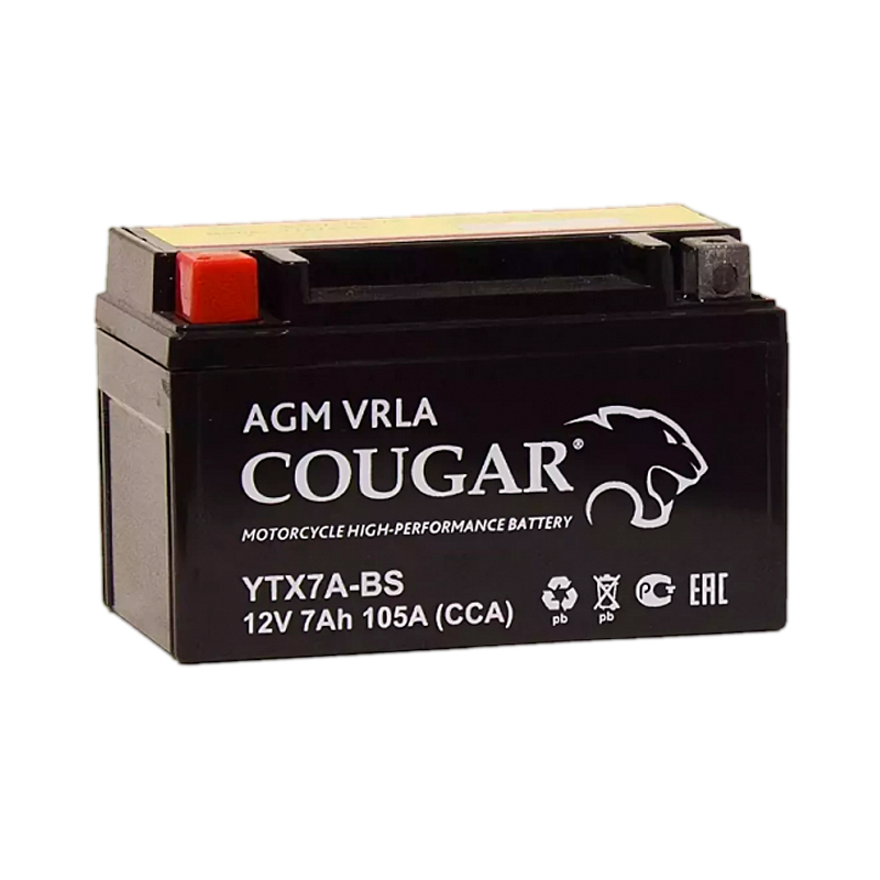 Аккумулятор мотоциклетный Cougar AGM YTX7A-BS 12V 7Ah (залит и готов к применению)