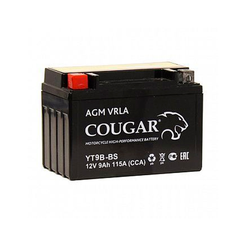 Аккумулятор мотоциклетный Cougar AGM YT9B-BS 12V 9Ah (залит и готов к применению)