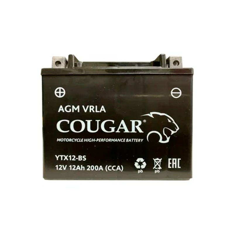 фото Аккумулятор мотоциклетный cougar agm ytx12-bs 12v 12ah (залит и готов к применению)