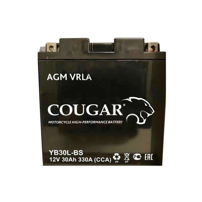 фото Аккумулятор мотоциклетный cougar agm yb30l-bs 12v 30ah (залит и готов к применению)