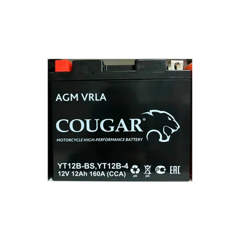 фото Аккумулятор мотоциклетный cougar agm yt12b-bs 12v 12ah (залит и готов к применению)