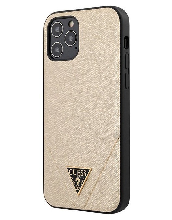 фото Чехол cg mobile guess pu saffiano triangle metal logo hard для iphone 12/12 pro, золотой