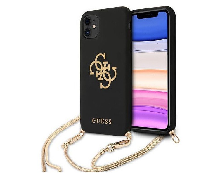 фото Чехол guess liquid silicone 4g big logo hard + gold chain iphone 11, черный/золотая цепь cg mobile