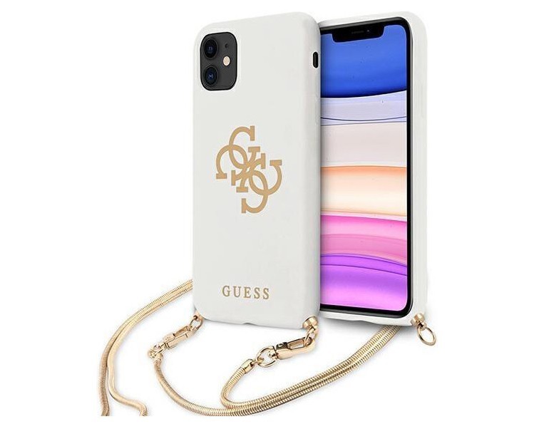 фото Чехол guess liquid silicone 4g big logo hard + gold chain iphone 11, белый/золотая цепь cg mobile