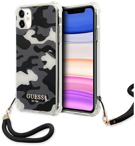 фото Чехол cg mobile guess pc/tpu camo hard + nylon hand cord для iphone 11 черный