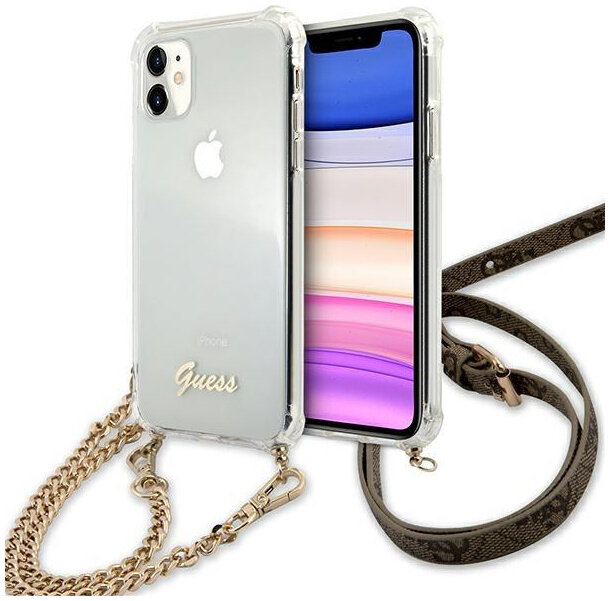 фото Чехол guess script hard + metal gold chain для iphone 11 прозрачный/золотая цепь cg mobile